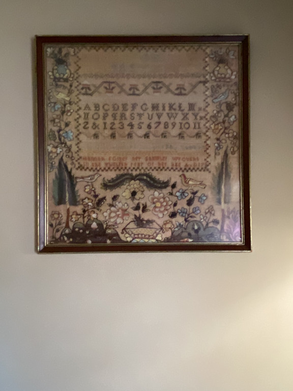 Textile needlework sampler, likely a reproduction of an early 19th-century American sampler