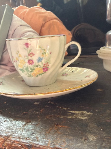 Porcelain teacup and saucer with hand-painted floral decoration and gold trim, marked with 'H' and two peacocks