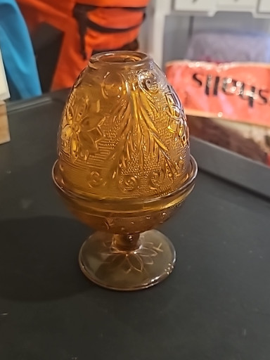 Amber pressed glass fairy lamp by Indiana Glass Company, Tiara Exclusive pattern