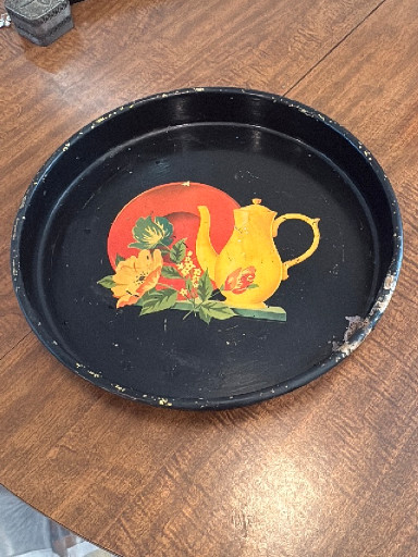 Vintage hand-painted toleware tray with yellow teapot and floral motif