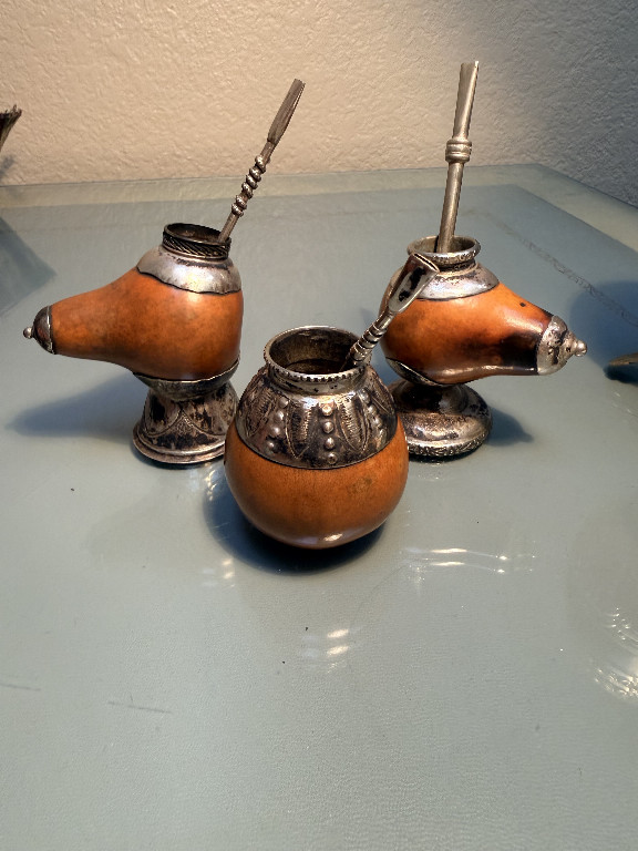 Gourd and alpaca silver mate gourds with bombillas (drinking straws) from Argentina