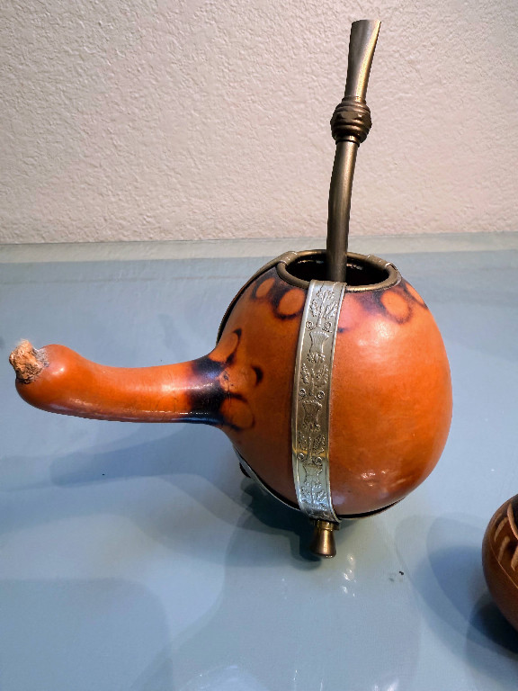 Calabash gourd mate cup with German silver bands and metal bombilla