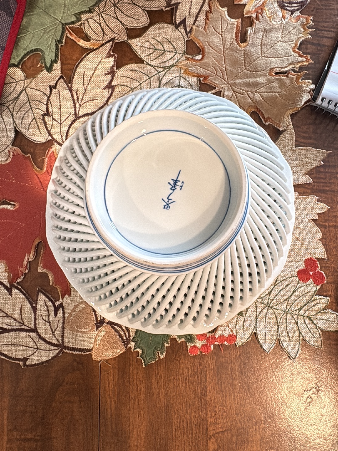 Japanese porcelain bowl with spiral lattice design, Arita-ware
