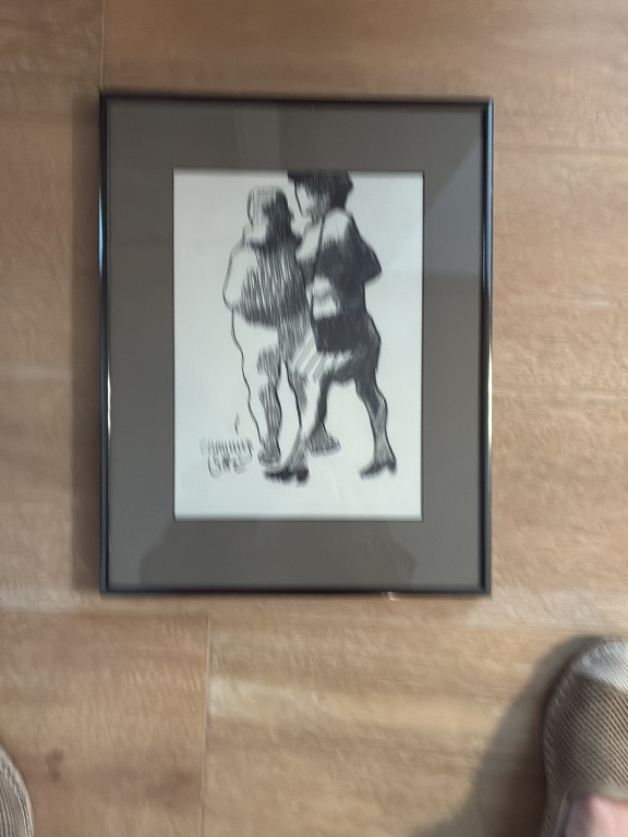 Ink or charcoal drawing depicting two figures in motion by William Cumming