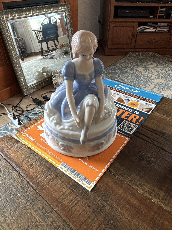 Porcelain figurine of a seated ballerina in a blue dress