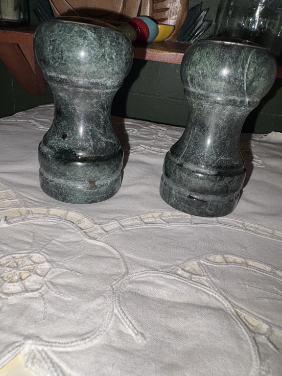 Pair of green marble salt and pepper shakers