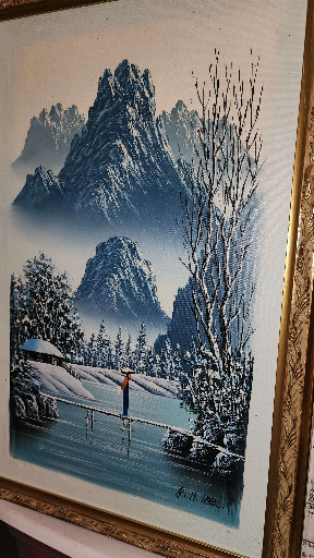 Oil painting on canvas depicting a winter mountain landscape, attributed to Suh Jin Hee
