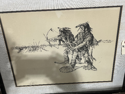 Pen and ink drawing depicting Native American warriors on horseback