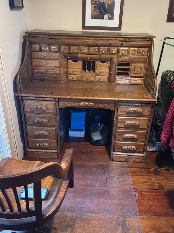 Oak roll-top desk with S-curve tambour by Winners Only Inc.