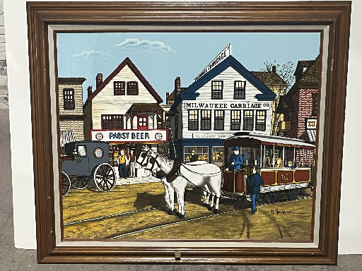 Serigraph painting titled 'Milwaukee Carriage Co.' by H. Hargrove