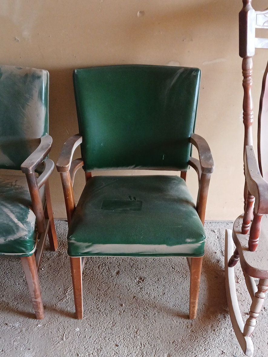 Mid-century wooden armchair with green leather upholstery by Robert James Co.