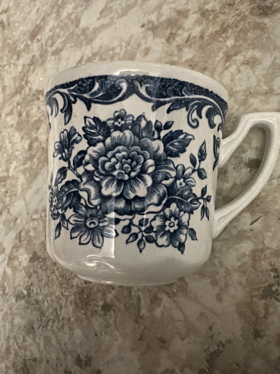 Ceramic teacup with blue floral transferware pattern, 'Avondale' by J & G Meakin