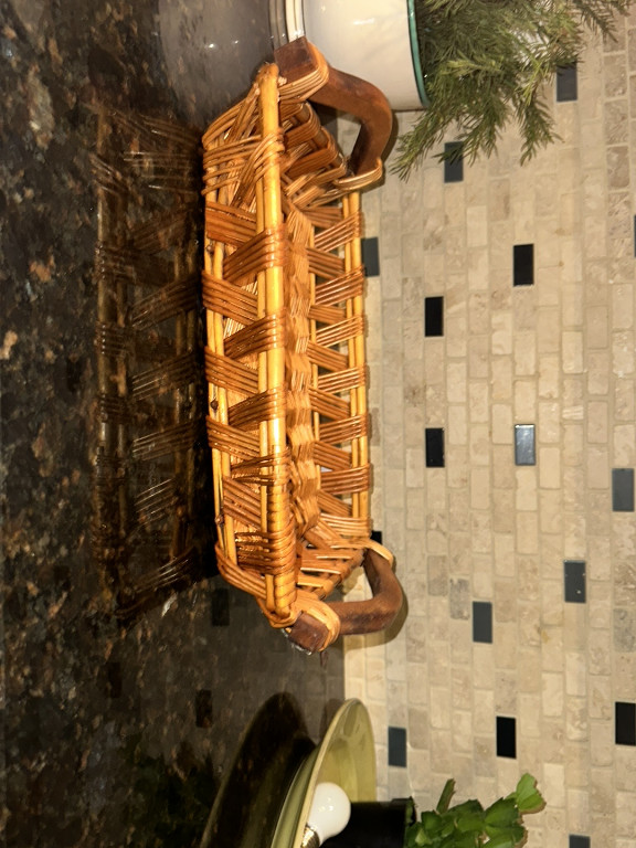 Woven wicker and bamboo magazine rack or storage basket with wooden handles