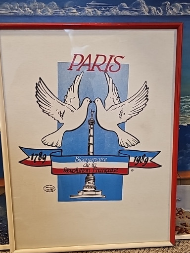 Affiche commémorative encadrée 'Paris - Bicentenaire de la Révolution Française 1789-1989' avec Tour Eiffel et colombes