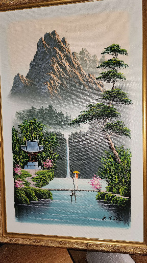 Oil painting on canvas depicting an Asian mountain landscape with lake, pine trees, and traditional buildings