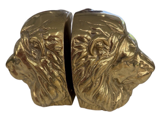 Brass lion head bookends (pair), Hollywood Regency style