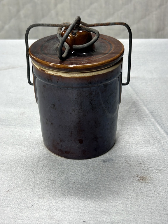 Stoneware cheese crock with wire bail lid