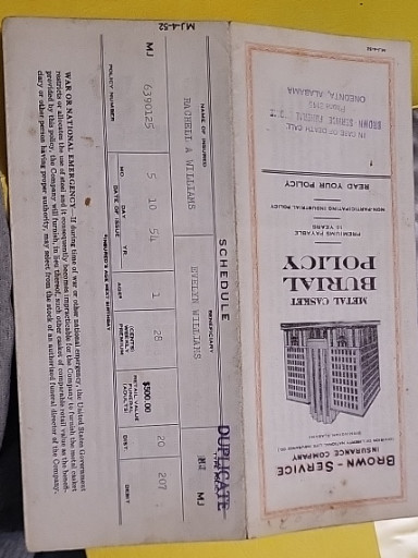 Vintage travel brochure titled 'Burial Policy' by Brown-Service Insurance Company