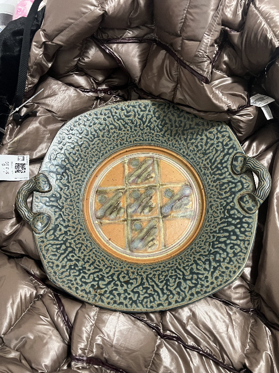Ceramic handled serving platter signed by Yoder Pottery