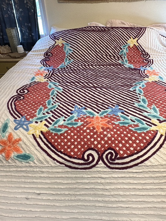 Vintage chenille bedspread with floral and geometric design