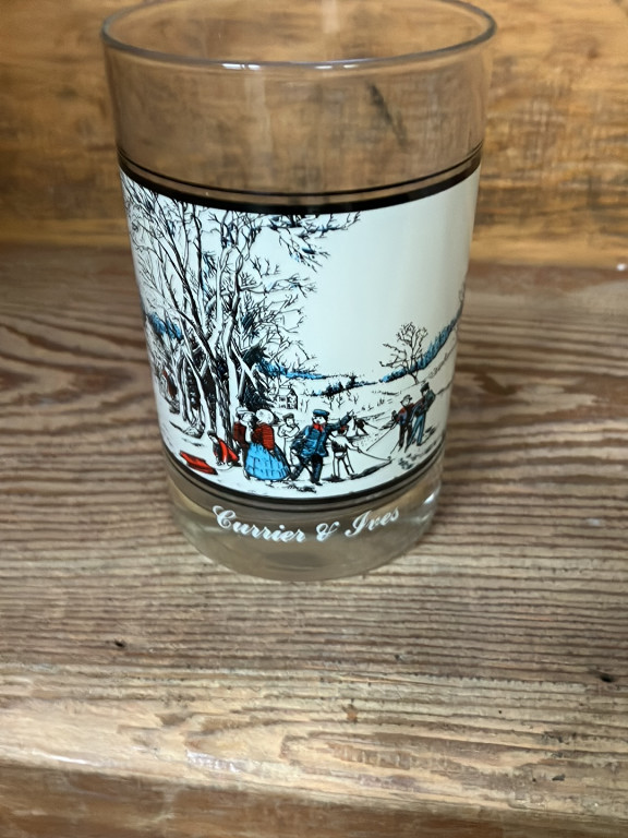Glass tumbler featuring Currier & Ives 'Winter Pastime' print from Arby's Collector Series