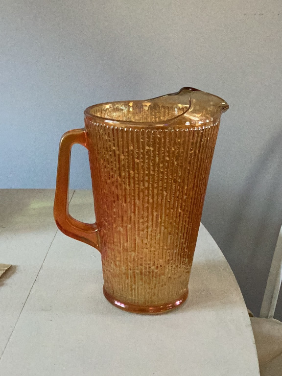 Marigold Carnival Glass 'Tree Bark' Pattern Pitcher by Jeannette Glass Company