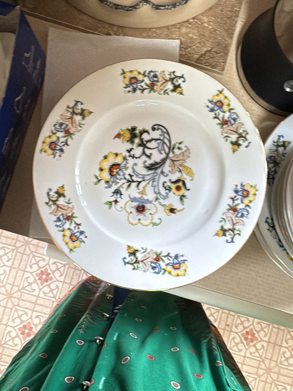 Porcelain dinner plate with polychrome floral decoration and scrollwork, likely Bavarian or European origin