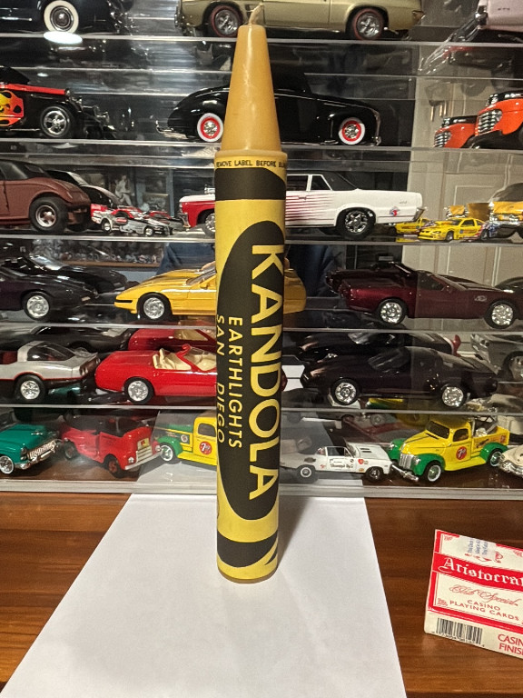 Vintage decorative candle titled 'Kandola Earthquakes' by Kandola Candles, San Diego