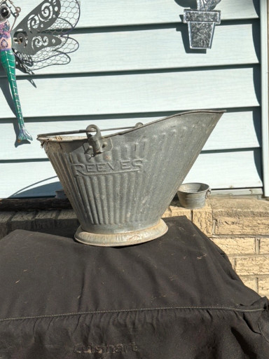 Vintage galvanized metal coal scuttle or ash bucket with embossed eagle and American flag design