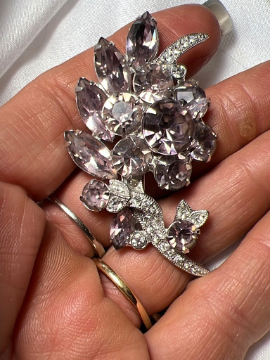Vintage rhinestone floral brooch with lavender and clear crystals, circa 1940s-1950s