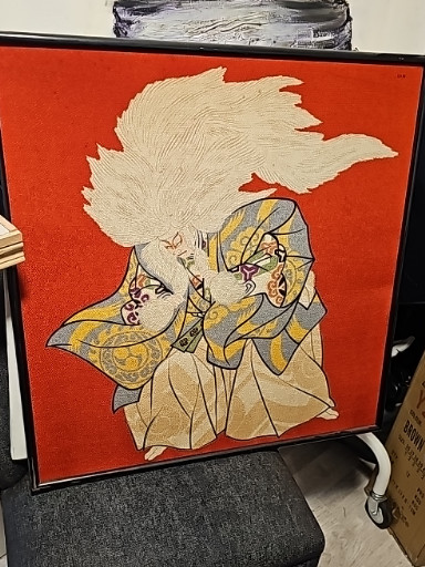 Furoshiki en rayonne représentant 'Kagami Jishi' (Lion en miroir), motif ukiyo-e de Kabuki