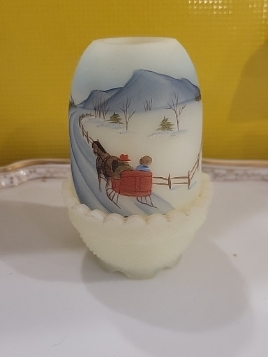 Custard glass fairy lamp with hand-painted winter sleigh scene by Fenton