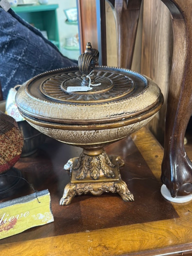 Resin reproduction of a gilt bronze and marble footed compote with lid, Napoleon III period style