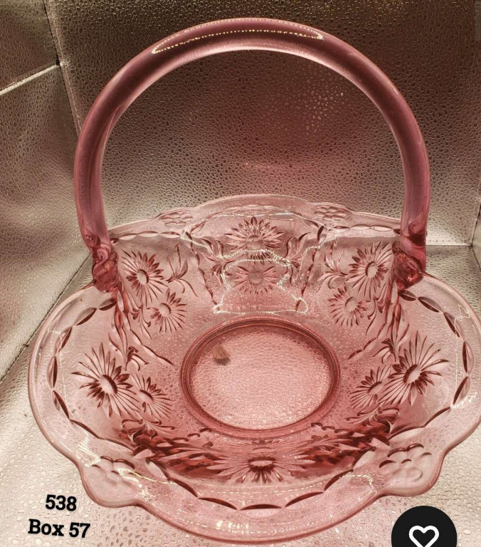 Pink Depression glass basket with floral pattern by Fenton Glass