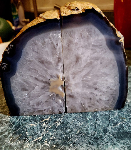 Natural agate geode bookend with crystalline druzy interior