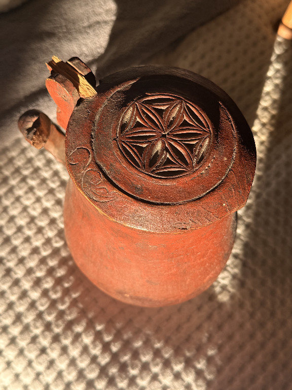 Wooden Norwegian beer container (ølkar) with carved Flower of Life motif and runic inscription