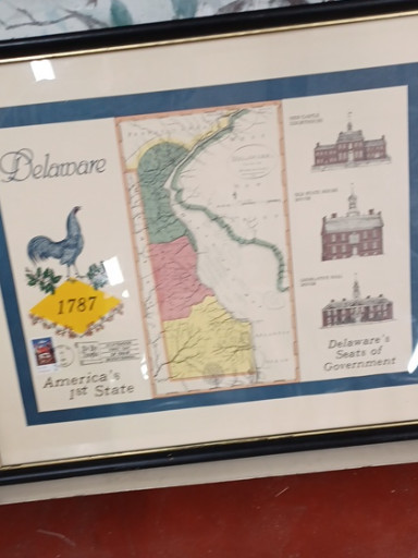 Reproduction of an 1838 map titled 'Delaware - America's 1st State' showing the state's geography and government buildings