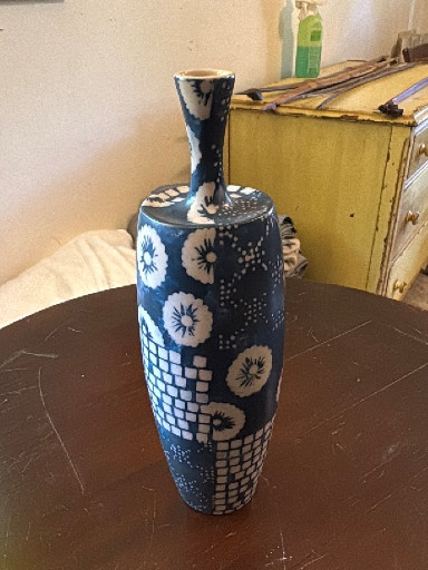 Porcelain vase with blue and white block print geometric pattern by Jamie Young