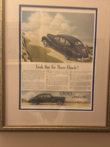 Framed vintage print advertisement for 1941 Lincoln Zephyr V-12 titled 'Look Out For Those Clouds!'