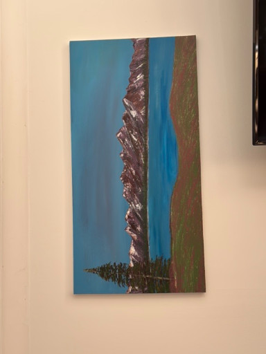 Acrylic painting on canvas depicting a mountain landscape reflected in a lake
