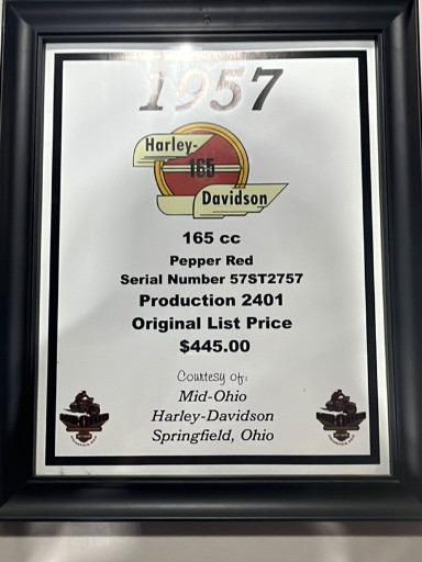 Framed commemorative plaque for 1957 Harley-Davidson 165cc Pepper Red motorcycle