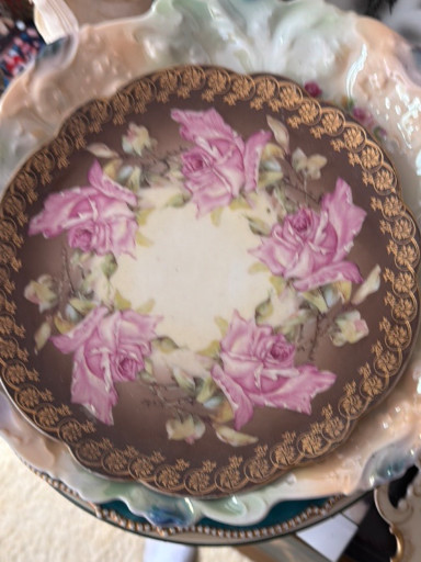 Hand-painted porcelain charger plate with pink roses and gilt border by Carl Tielsch, Altwasser, Germany