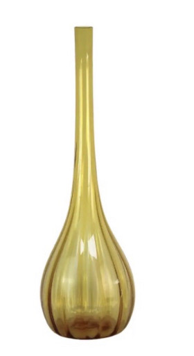 Amber yellow glass vase with elongated neck and ribbed bulbous base