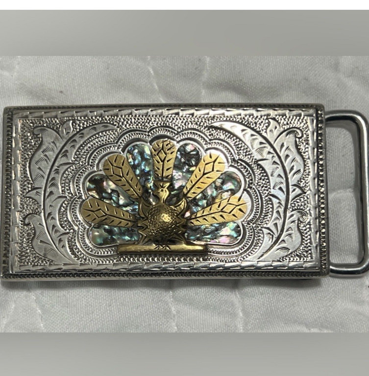 Silver belt buckle with brass peacock and abalone shell inlay