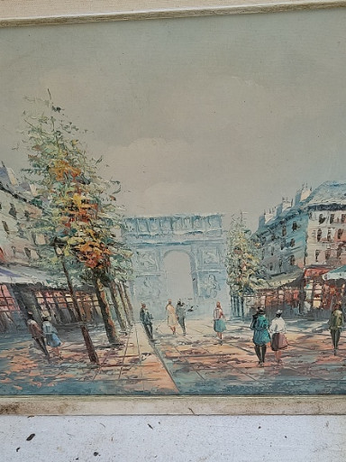 Oil painting on canvas titled 'Parisian Street Scene with Arc de Triomphe' by Caroline Burnett