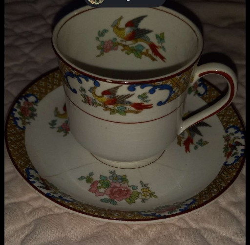 Porcelain demitasse cup and saucer with hand-painted bird and floral decoration