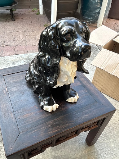 Ceramic sculpture of a Cocker Spaniel dog with glossy black and white glaze. 11” tall x 6” wide x 9” deep.