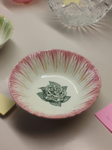 Ceramic serving bowl with pink feathered rim and green rose transfer design by Scio Pottery