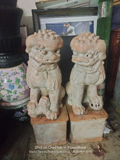 Pair of sandstone or terracotta Foo Dog (Guardian Lion) sculptures