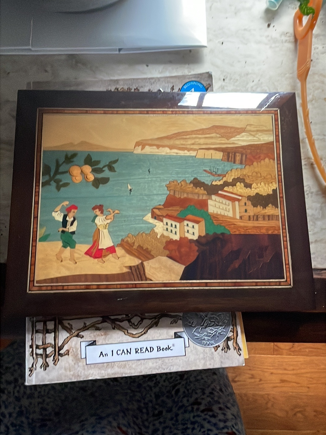 Wooden marquetry picture depicting Mediterranean coastal scene with traditional figures